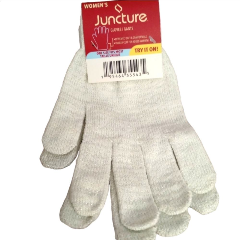 Juncture White Silver Glitter Threading Gloves OSFM NWT